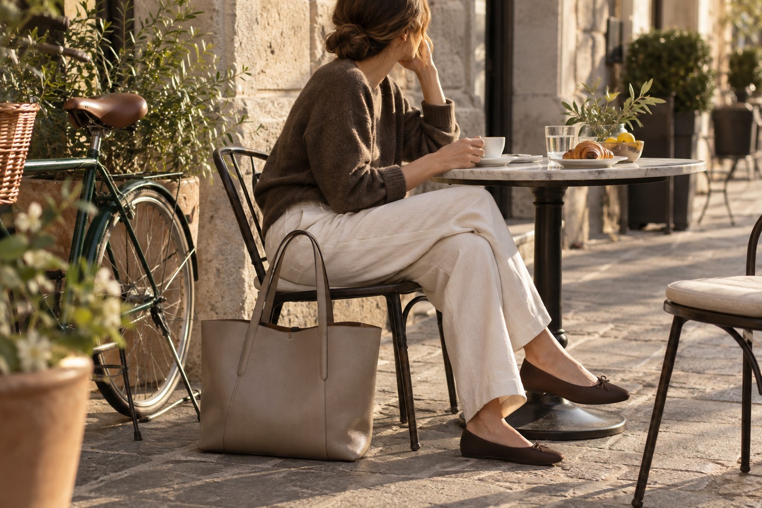 Borsa in pelle senza marchio accanto a una seduta in città